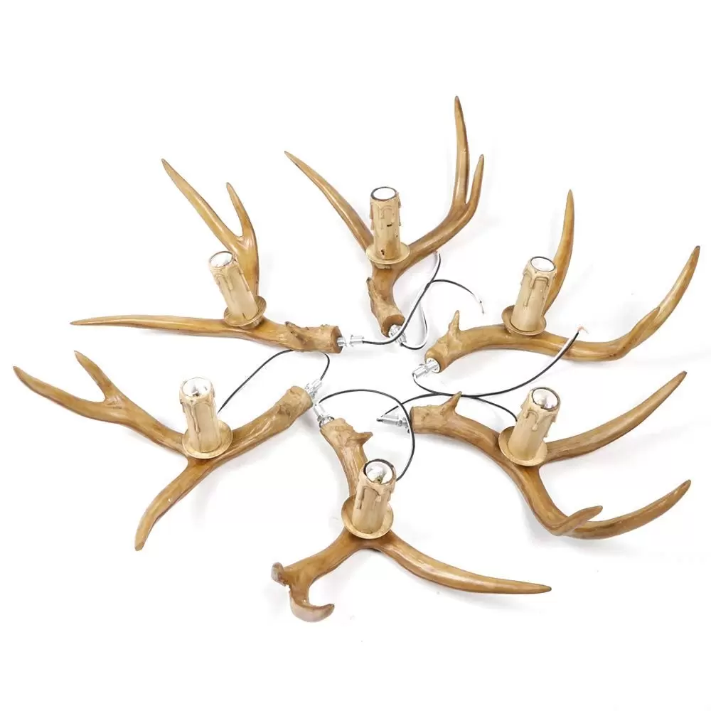Retro 6-Light Deer Antler Chandelier H Type 220V Primary Color with Bulb Full Foam Packaging E14 Vintage Pendant Light for Living Room Dining Room Bedroom