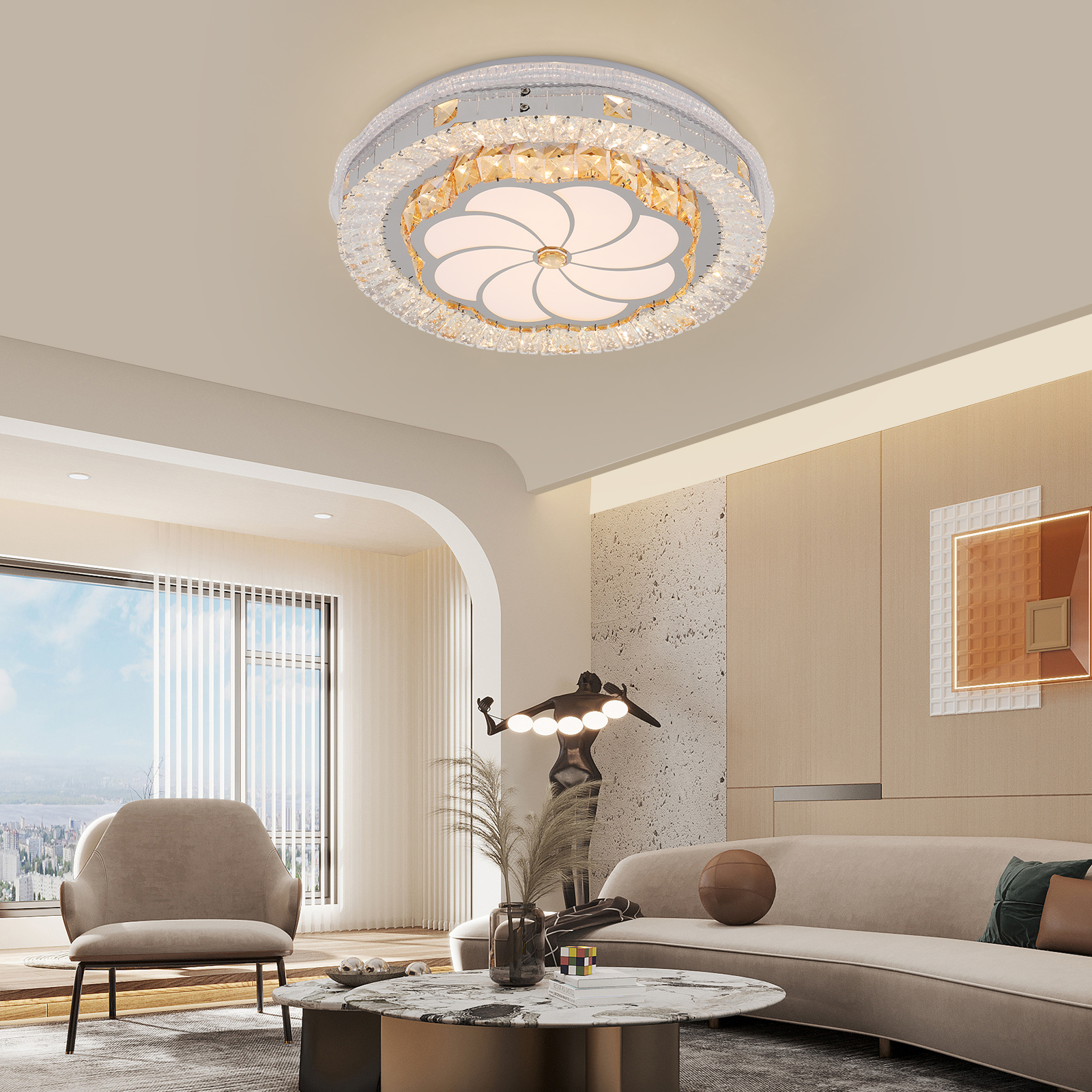 K9 Crystal Ceiling Light, Dimmable Ceiling Light, 3 Shades Ceiling Light with Remote Controller, Ceiling Light with Remote Control