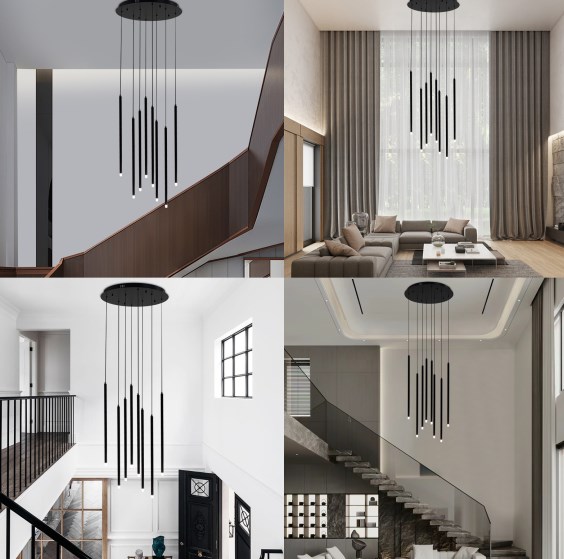 8-head black chandelier, long loft chandelier, neutral light