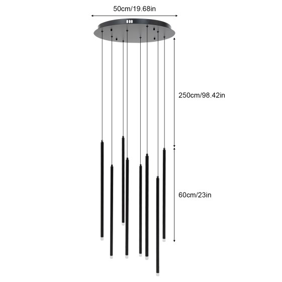8-head black chandelier, long loft chandelier, neutral light 8-head black chandelier, long loft chandelier, neutral light