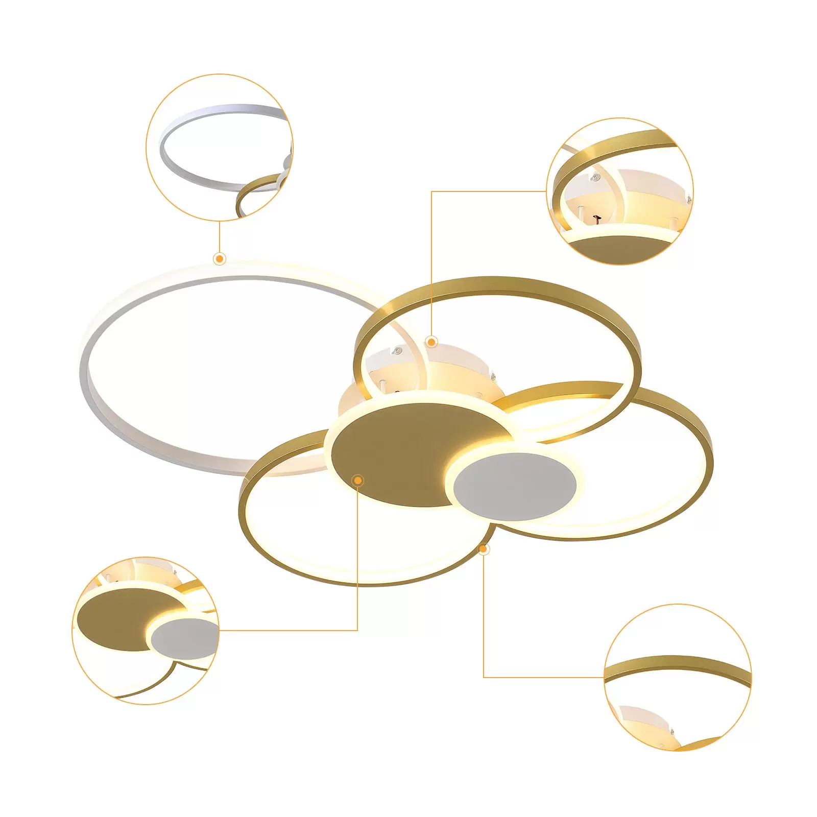 Modern LED Ceiling Light 65W Dimmable LED Ceiling Light With Remote Control 6 Rings Gold Recessed Ceiling Light Three Light Colors