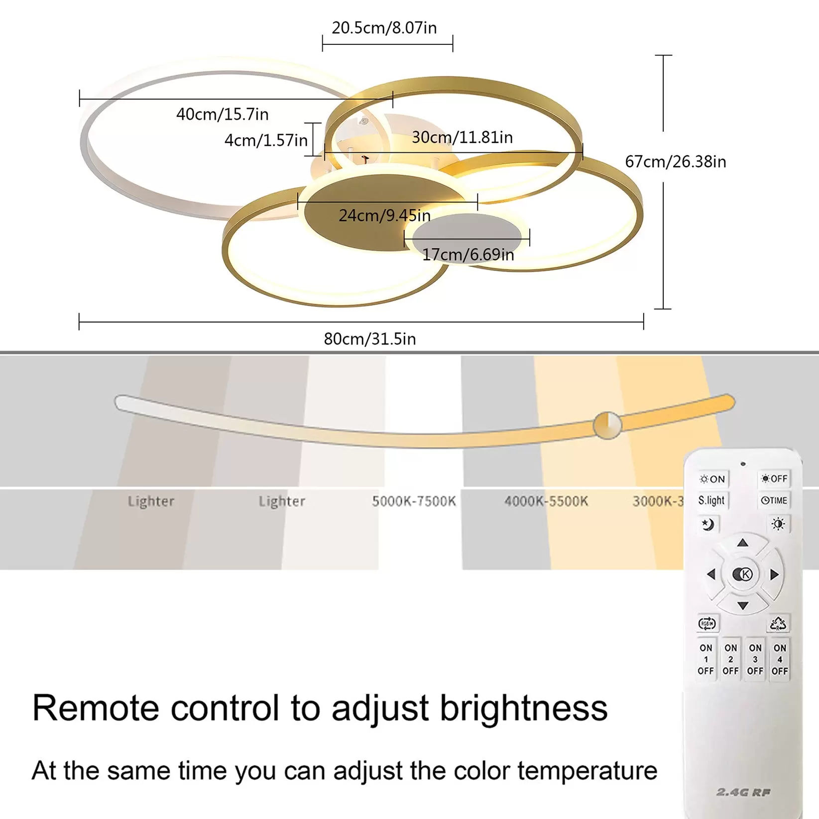 Modern LED Ceiling Light 65W Dimmable LED Ceiling Light With Remote Control 6 Rings Gold Recessed Ceiling Light Three Light Colors