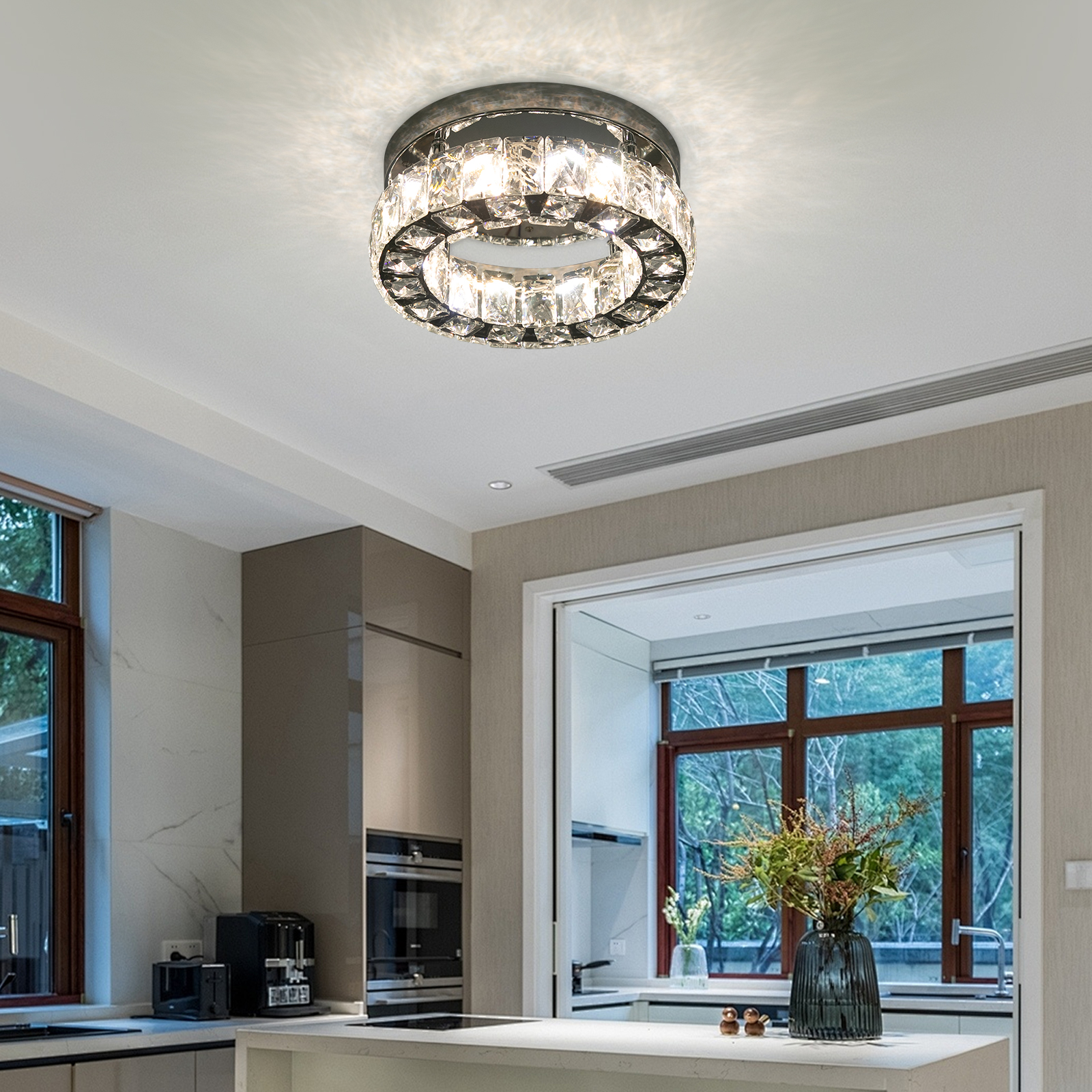 Modern 2 Layers Crystal Chandelier Flush Mount Chandelier with 3000-6500K Dimmable Tricolor Light (Warm/White/Neutral Light) Modern 2 Layers Crystal Chandelier Flush Mount Chandelier with 3000-6500K Dimmable Tricolor Light (Warm/White/Neutral Light)