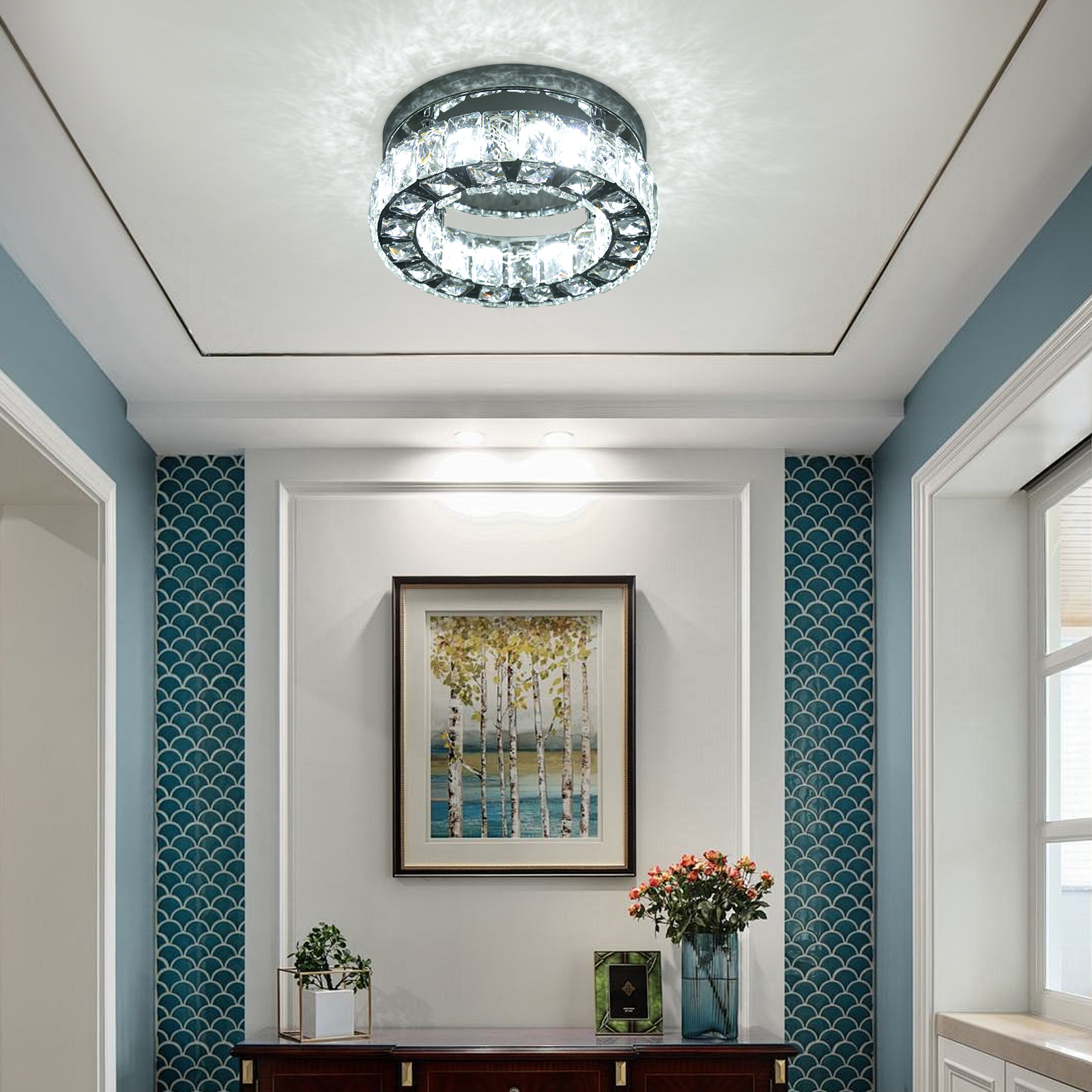 Modern 2 Layers Crystal Chandelier Flush Mount Chandelier with 3000-6500K Dimmable Tricolor Light (Warm/White/Neutral Light) Modern 2 Layers Crystal Chandelier Flush Mount Chandelier with 3000-6500K Dimmable Tricolor Light (Warm/White/Neutral Light)