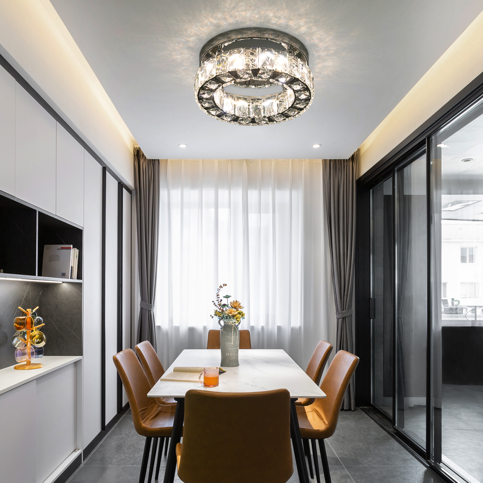 Modern 2 Layers Crystal Chandelier Flush Mount Chandelier with 3000-6500K Dimmable Tricolor Light (Warm/White/Neutral Light) Modern 2 Layers Crystal Chandelier Flush Mount Chandelier with 3000-6500K Dimmable Tricolor Light (Warm/White/Neutral Light)