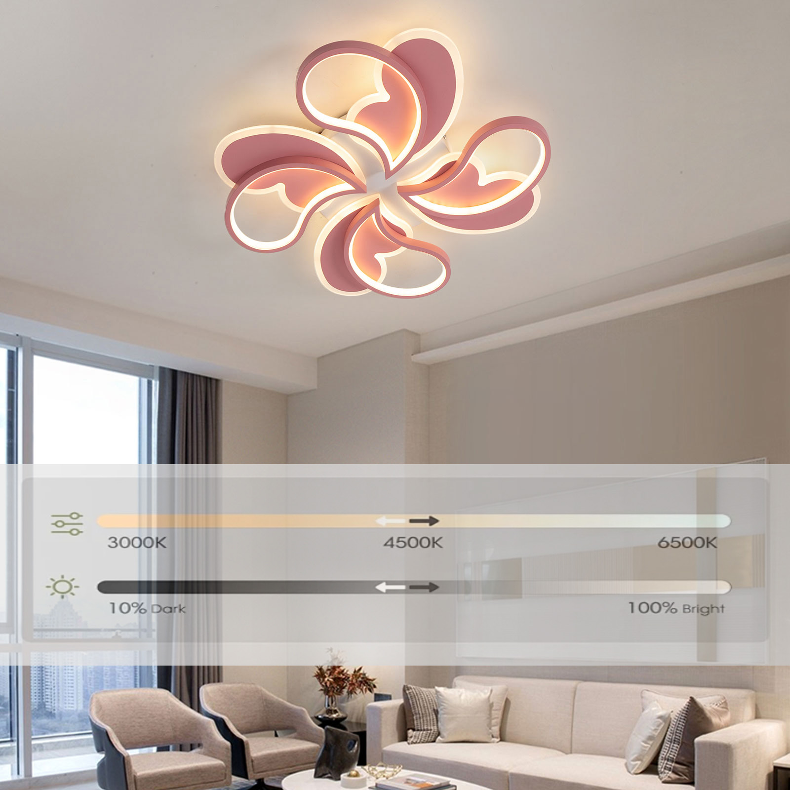 50cm Dimmable Ceiling Light with Remote Control, Living Room Ceiling Lamp, Dimmable LED Flush Mount Lamp, Pink