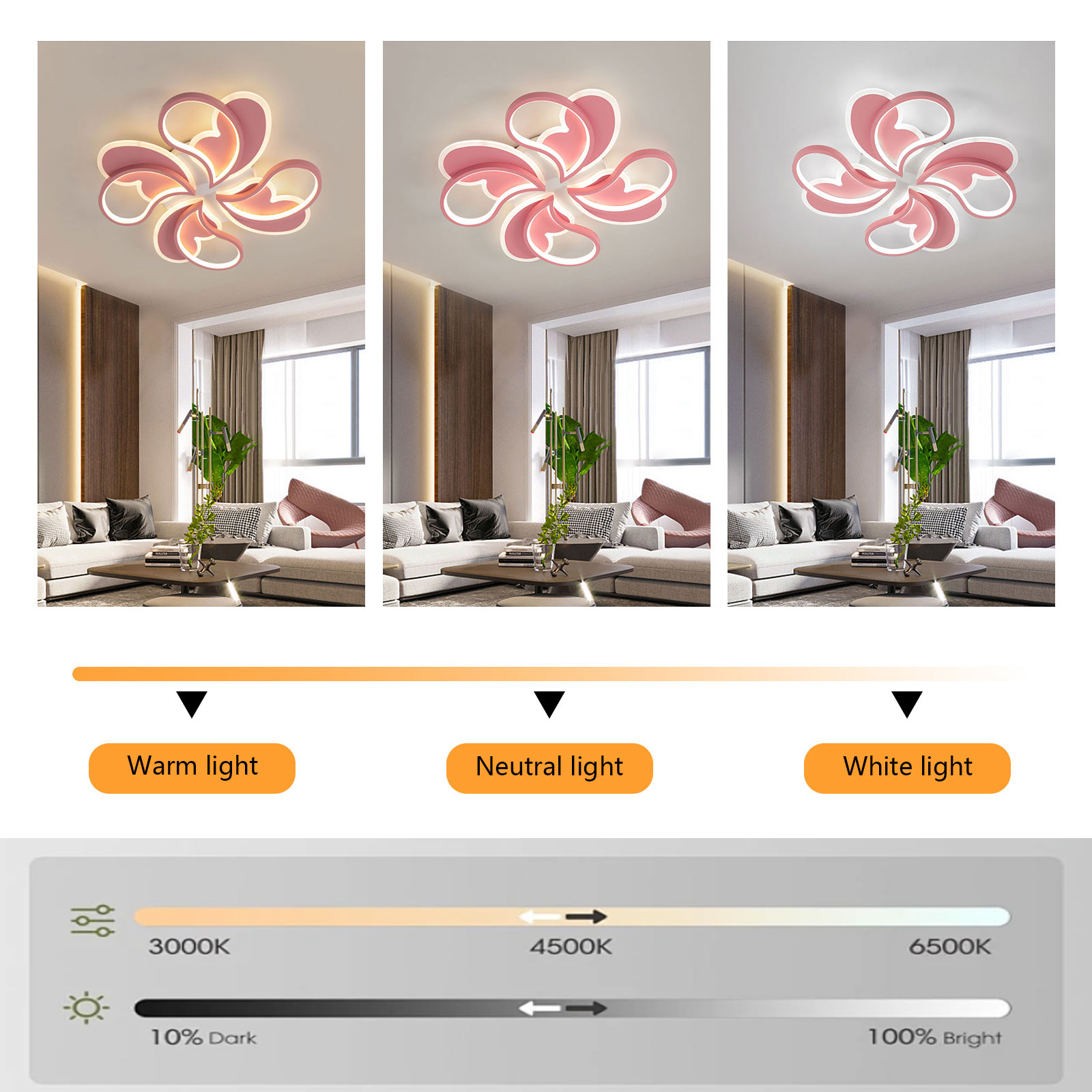 50cm Dimmable Ceiling Light with Remote Control, Living Room Ceiling Lamp, Dimmable LED Flush Mount Lamp, Pink