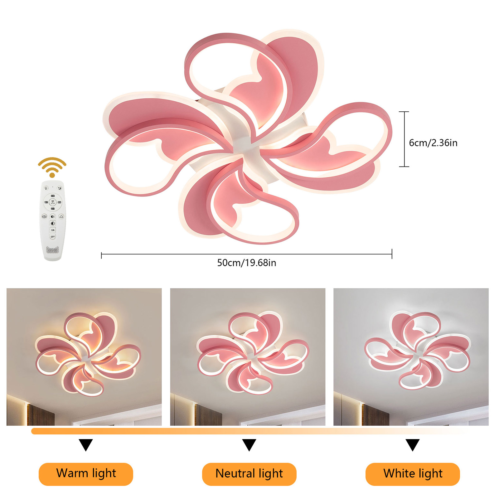 50cm Dimmable Ceiling Light with Remote Control, Living Room Ceiling Lamp, Dimmable LED Flush Mount Lamp, Pink