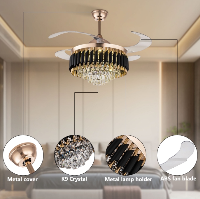36-inch gold fan chandelier, three-color light frequency conversion with remote control, 85-265V
