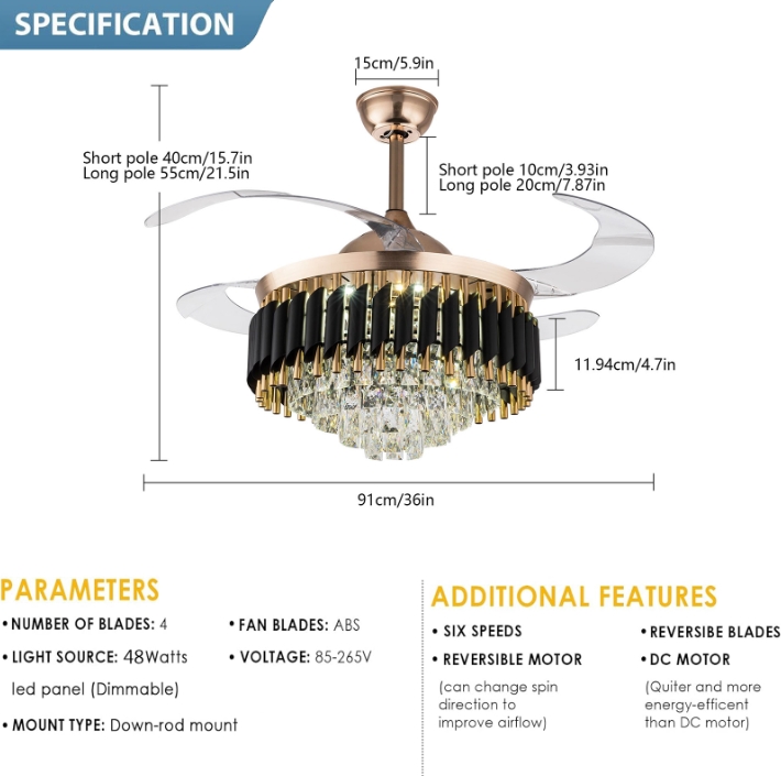 36-inch gold fan chandelier, three-color light frequency conversion with remote control, 85-265V 36-inch gold fan chandelier, three-color light frequency conversion with remote control, 85-265V