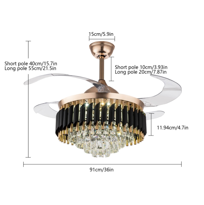 36-inch gold fan chandelier, three-color light frequency conversion with remote control, 85-265V 36-inch gold fan chandelier, three-color light frequency conversion with remote control, 85-265V