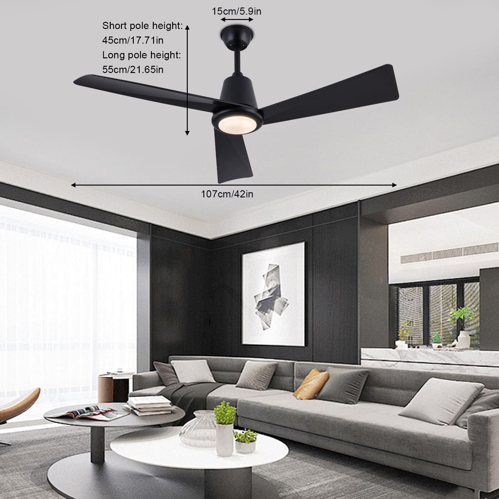 Modern 42 inch ceiling fan light with remote control, Two-way ceiling fan light, Three colour temperatures (black) Modern 42 inch ceiling fan light with remote control, Two-way ceiling fan light, Three colour temperatures (black)