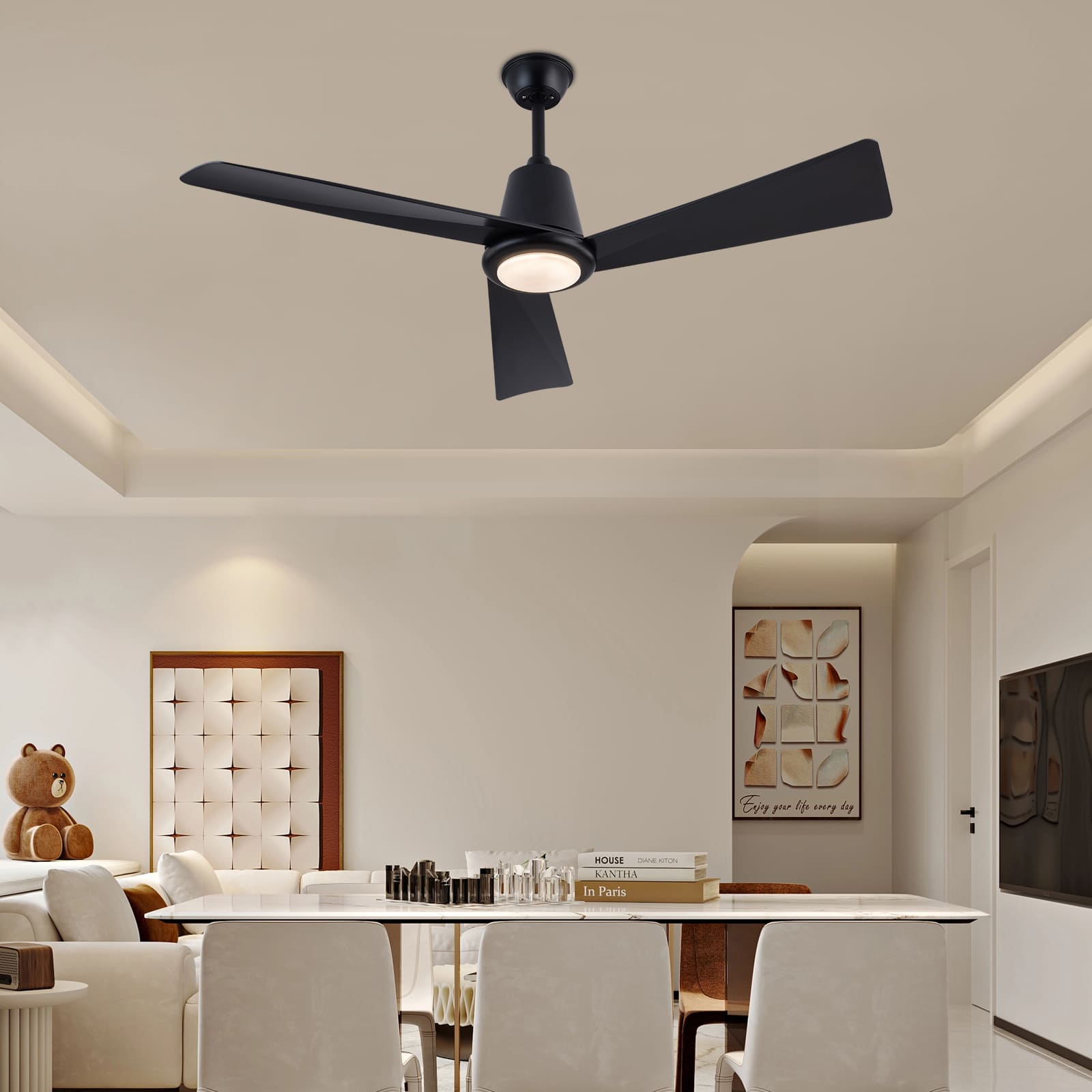 Modern 42 inch ceiling fan light with remote control, Two-way ceiling fan light, Three colour temperatures (black)