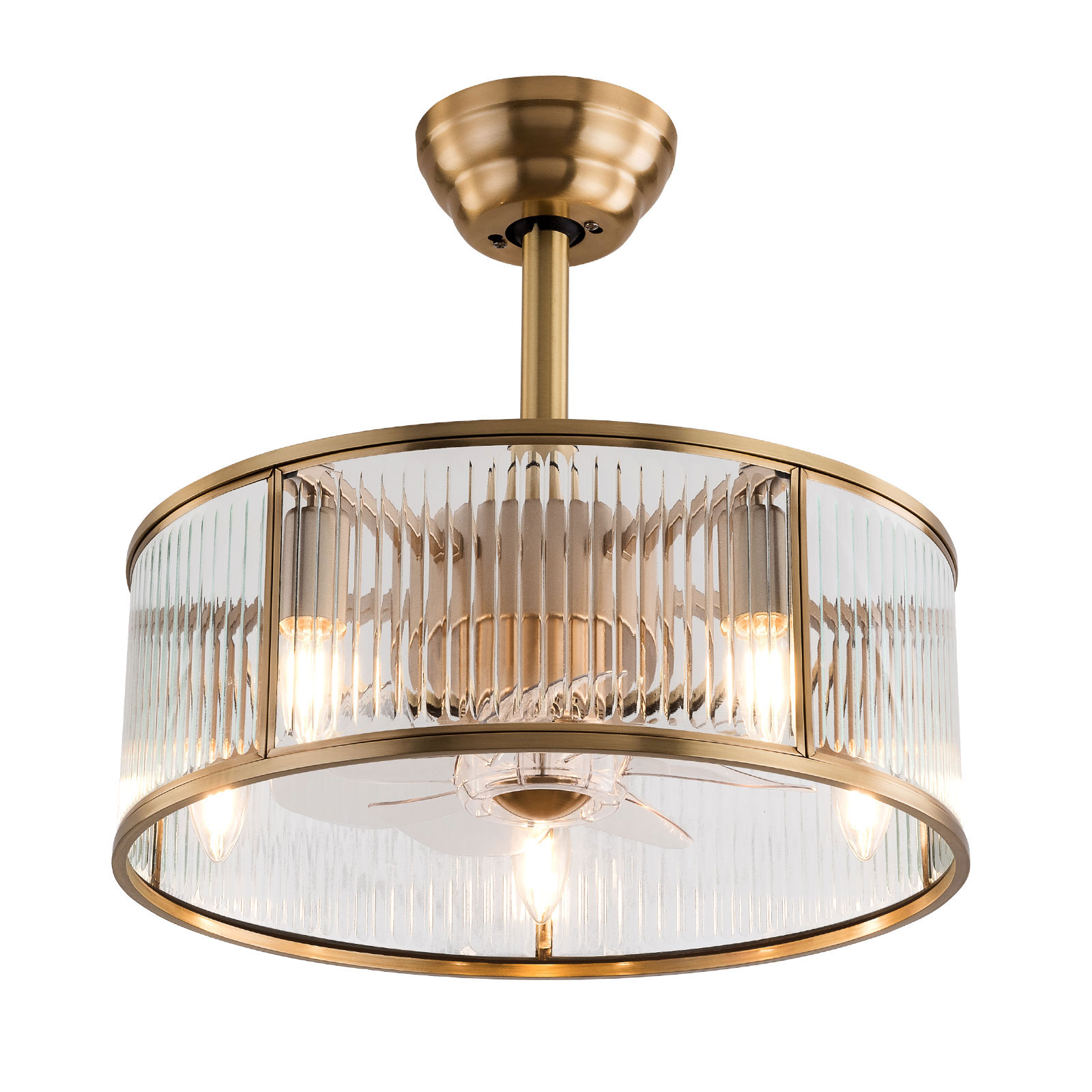 18in Caged Ceiling Fan with Remote Control, 5-Light Gold Industrial Farmhouse Ceiling Light Fixture for Kitchen Island Dining Room