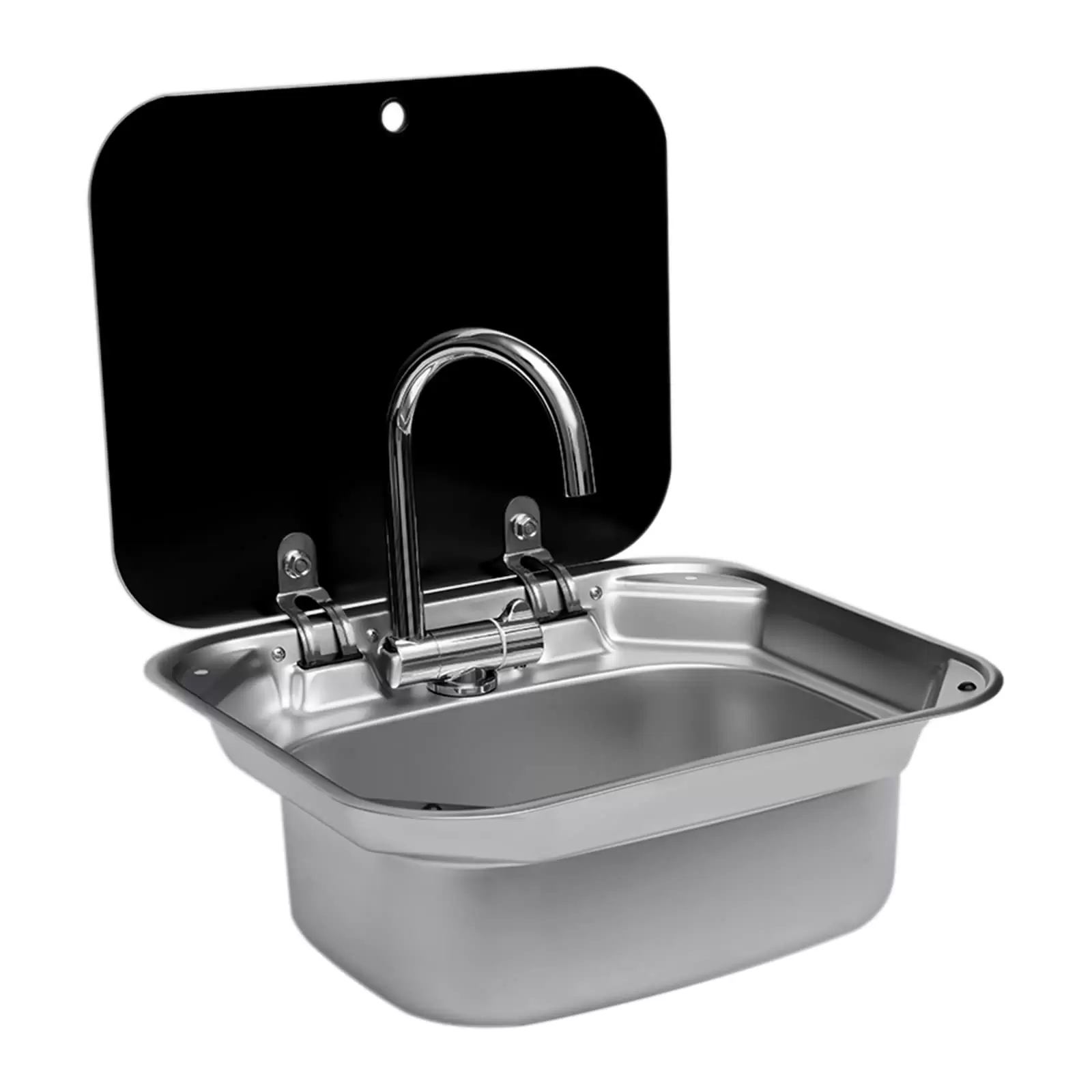 RV Caravan or Boat Stainless Steel Hand Wash Basin Sink with Folded Faucet Tempered Glass Lid Van Camper Trailer Accessories Sink with Tap