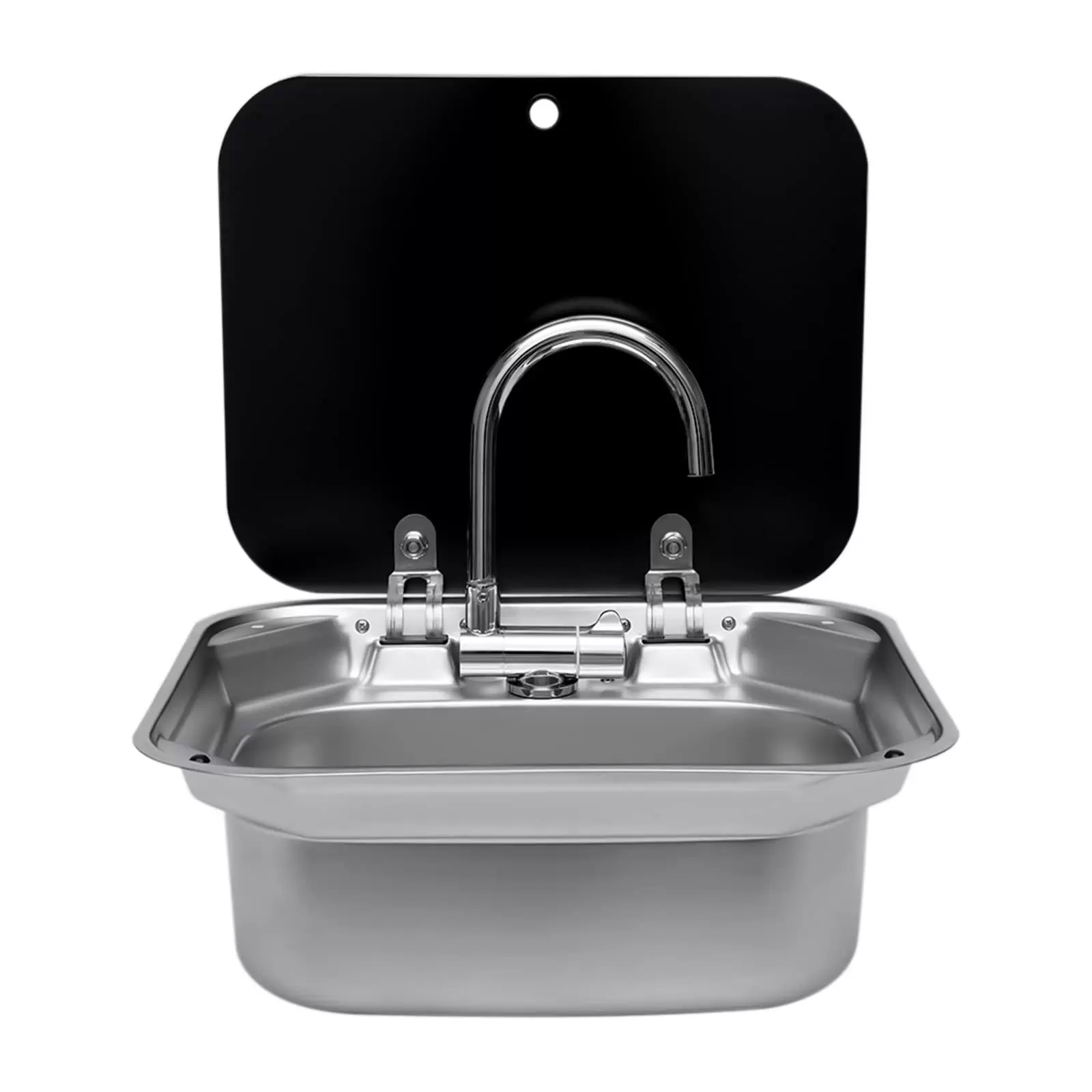 RV Caravan or Boat Stainless Steel Hand Wash Basin Sink with Folded Faucet Tempered Glass Lid Van Camper Trailer Accessories Sink with Tap