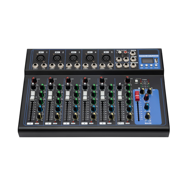 7 Channel Bluetooth Audio Mixer USB DJ Sound 48V Phantom Mixing Console with 2 Microphone Input Interfaces for Guitarists Singers or Producers