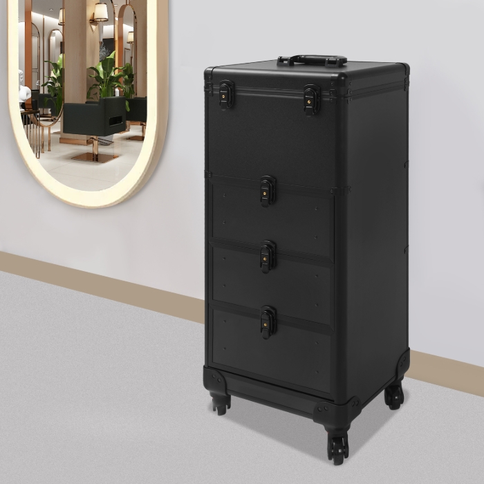 Drawer-style makeup artist storage box, roller makeup box - black glossy