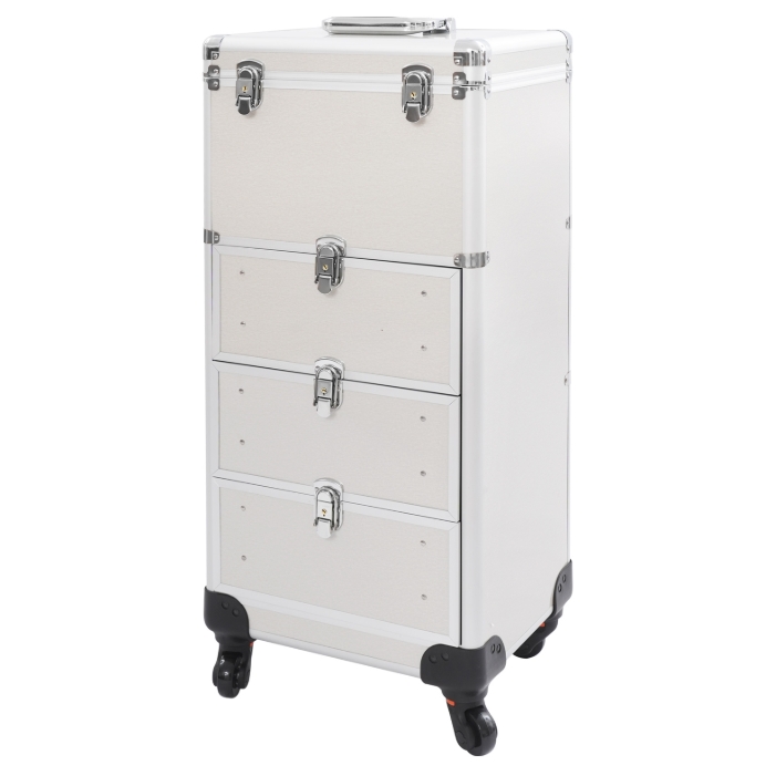 Drawer-style makeup artist storage box, roller makeup box - silver glossy