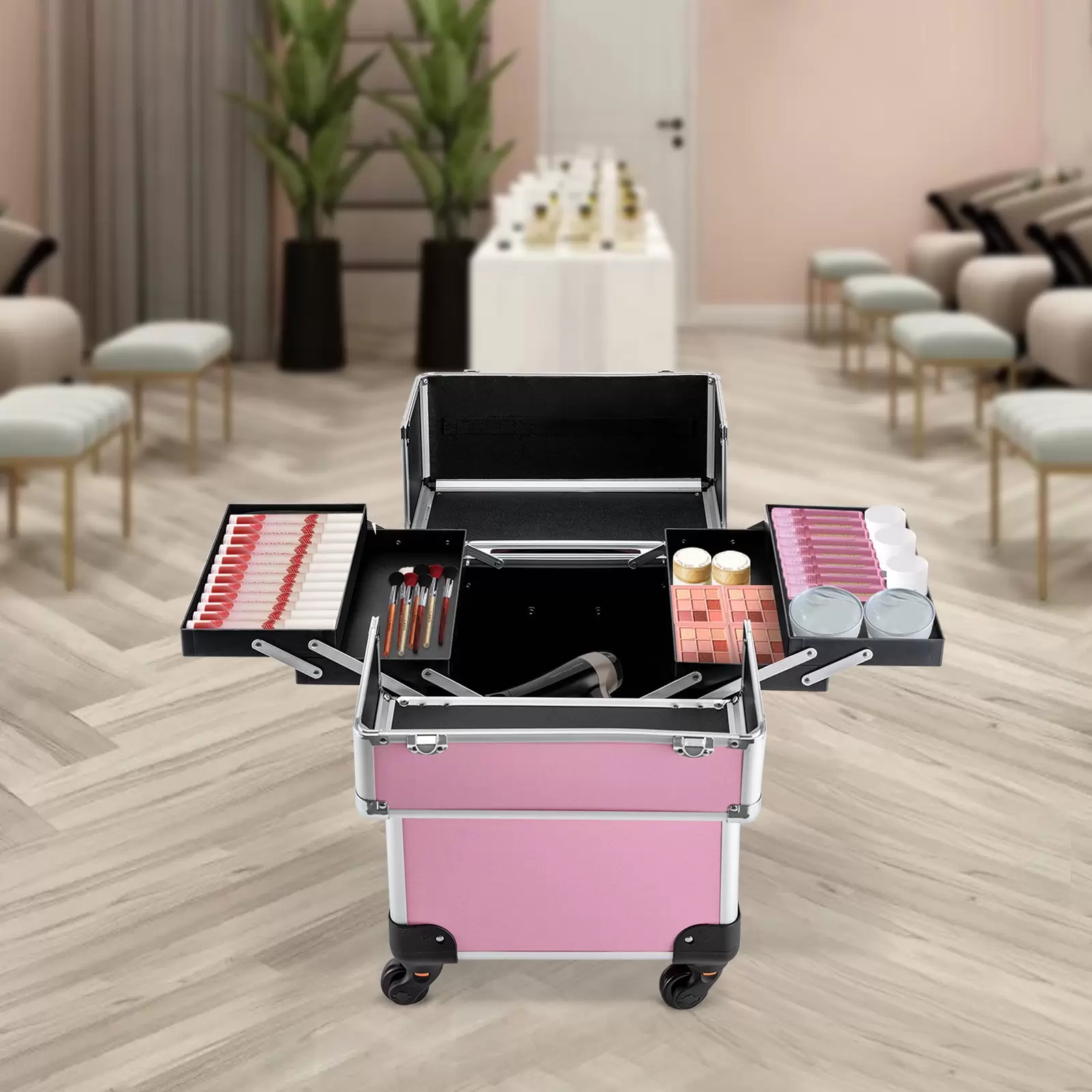 Rolling Makeup Train Case Large Cosmetic Trolley Organized Aluminum Alloy Barber Case for Hairstylist Makeup Nail Tech Salon Pink Rolling Makeup Train Case Large Cosmetic Trolley Organized Aluminum Alloy Barber Case for Hairstylist Makeup Nail Tech Salon Pink