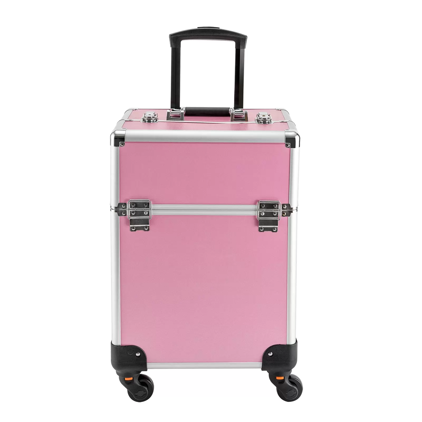 Rolling Makeup Train Case Large Cosmetic Trolley Organized Aluminum Alloy Barber Case for Hairstylist Makeup Nail Tech Salon Pink