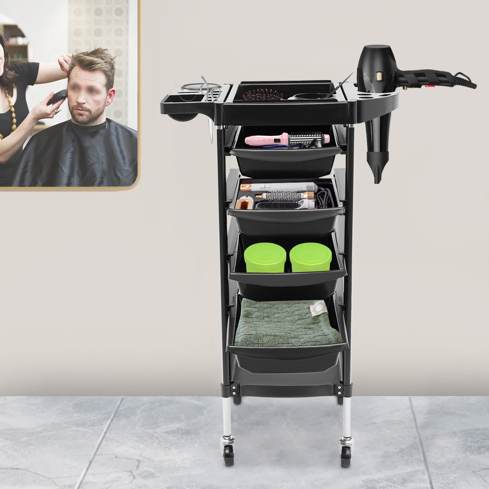 Spa Hair Stylist Cart Salon Cart for Stylists with 4 Removable Drawers Barber Styling Cart For Nail Salons Medical Facilities Black