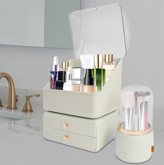 2-piece cosmetic storage box (makeup box + makeup brush storage tube) - green