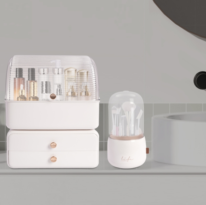 2-piece cosmetic storage box (makeup box + makeup brush storage tube) - creamy white