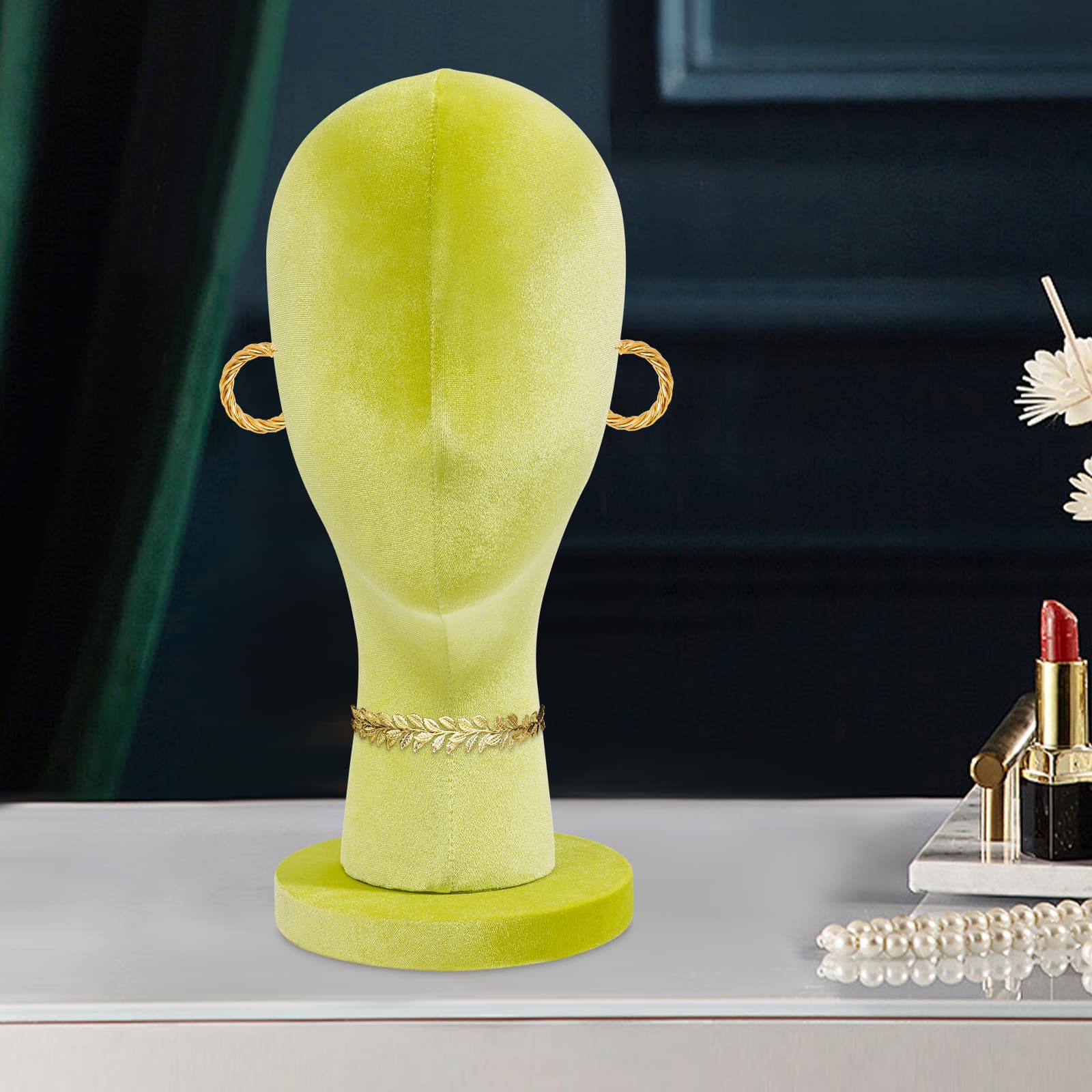Velvet round base display head model short style - fluorescent green, female mannequin head, mannequin head, used to display wigs, hats Velvet round base display head model short style - fluorescent green, female mannequin head, mannequin head, used to display wigs, hats