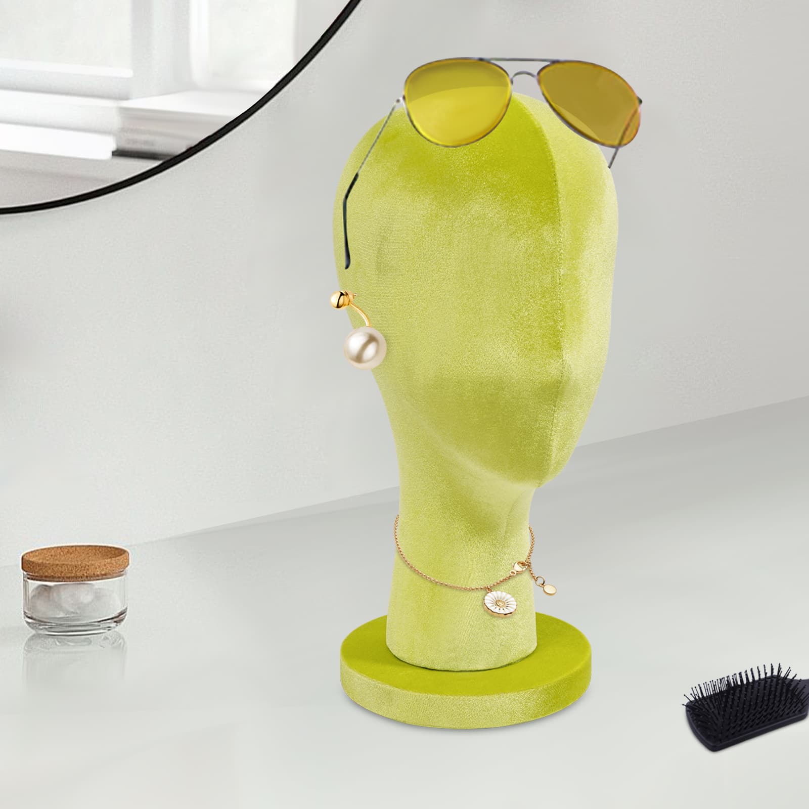 Velvet round base display head model short style - fluorescent green, female mannequin head, mannequin head, used to display wigs, hats Velvet round base display head model short style - fluorescent green, female mannequin head, mannequin head, used to display wigs, hats