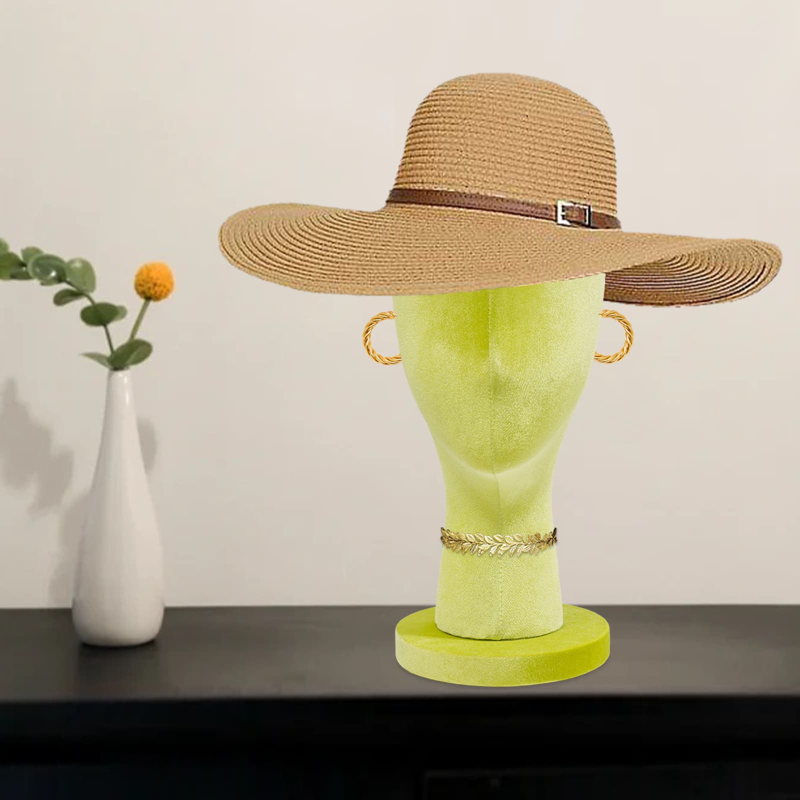 Velvet round base display head model short style - fluorescent green, female mannequin head, mannequin head, used to display wigs, hats Velvet round base display head model short style - fluorescent green, female mannequin head, mannequin head, used to display wigs, hats