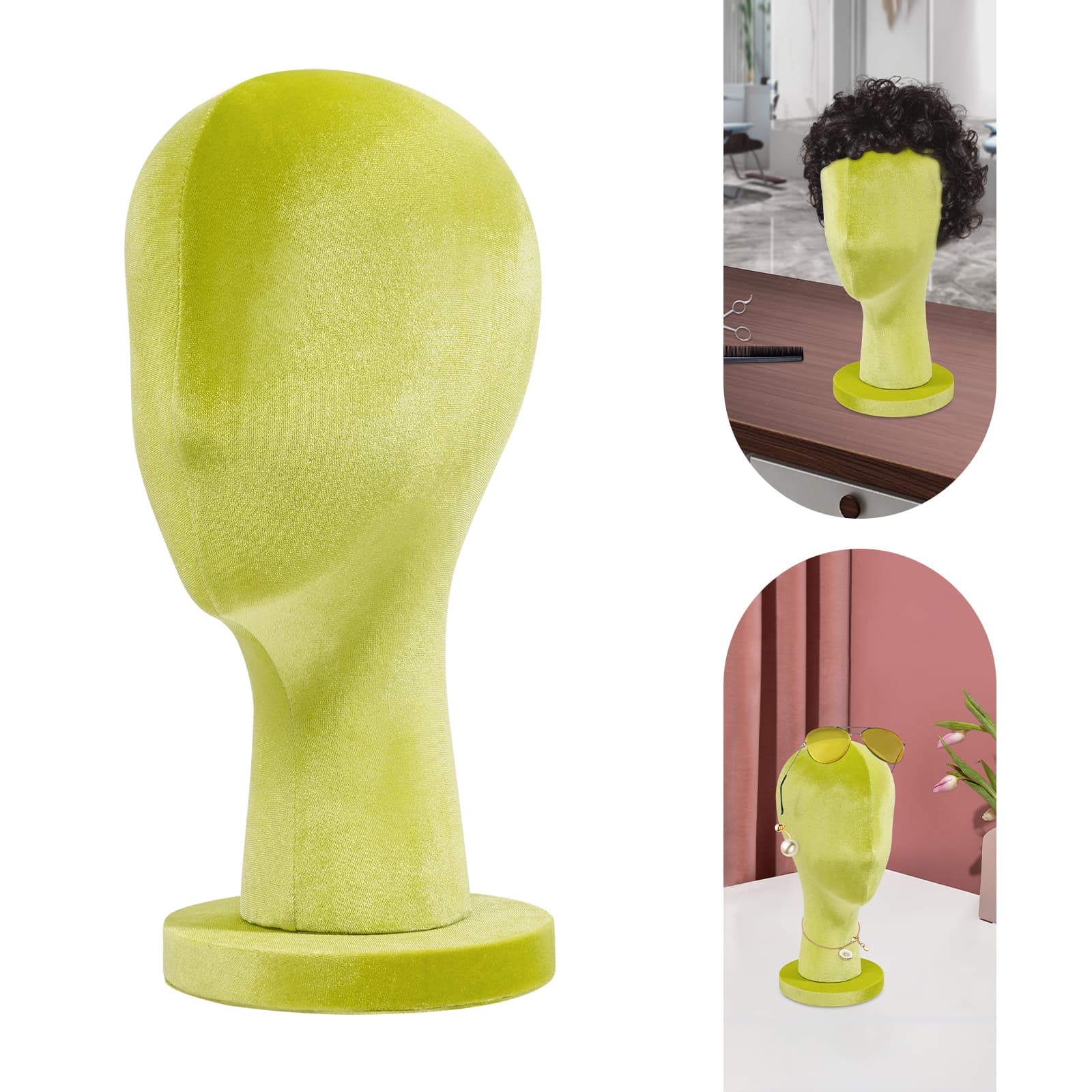 Velvet round base display head model short style - fluorescent green, female mannequin head, mannequin head, used to display wigs, hats Velvet round base display head model short style - fluorescent green, female mannequin head, mannequin head, used to display wigs, hats