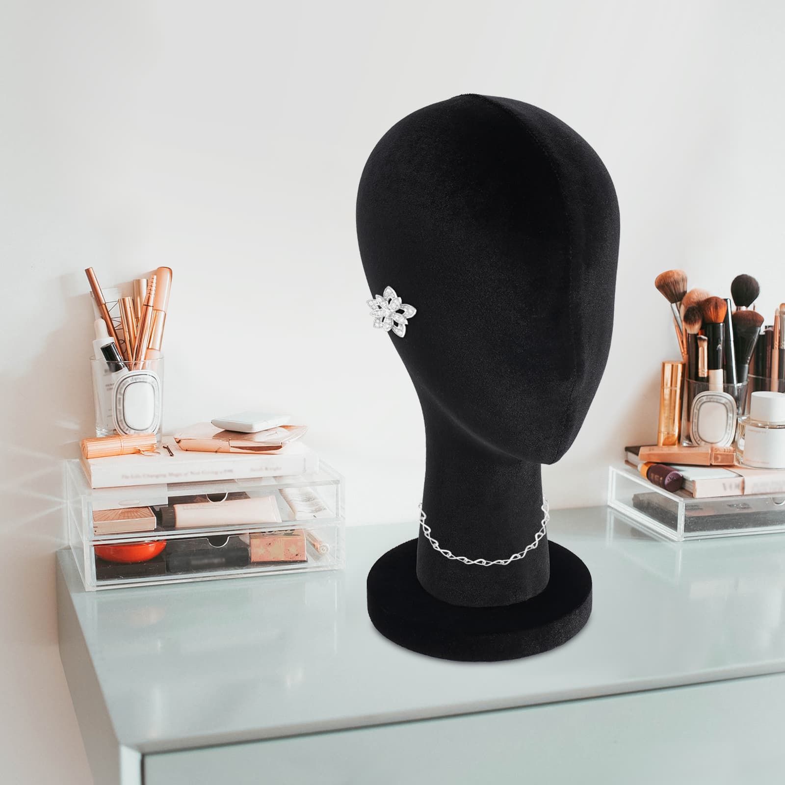 Velvet round base display head short style - black, female mannequin head, mannequin head Velvet round base display head short style - black, female mannequin head, mannequin head