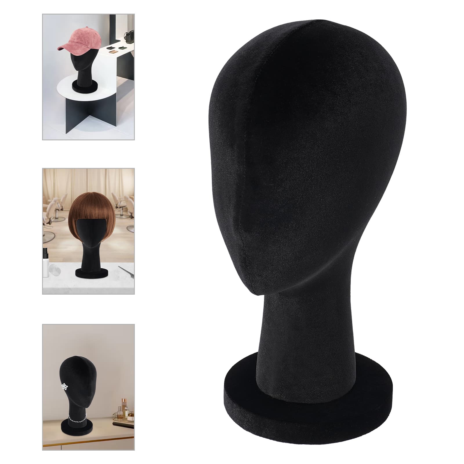 Velvet round base display head short style - black, female mannequin head, mannequin head Velvet round base display head short style - black, female mannequin head, mannequin head