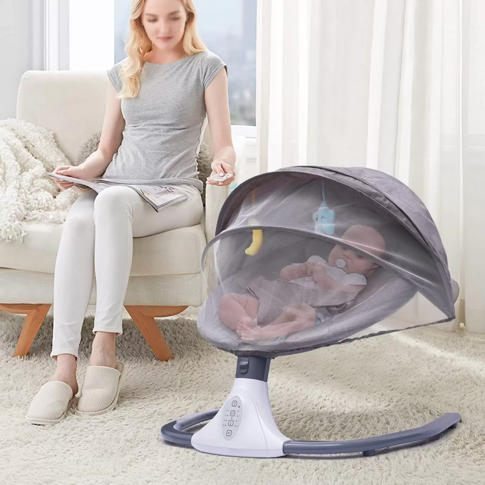 Baby Swing Remote Control Baby Rocker Removable Crib Netting Toys Music Bluetooth USB Electric Cradling Bouncer w/4 Swing Amplitudes Baby Swing Remote Control Baby Rocker Removable Crib Netting Toys Music Bluetooth USB Electric Cradling Bouncer w/4 Swing Amplitudes