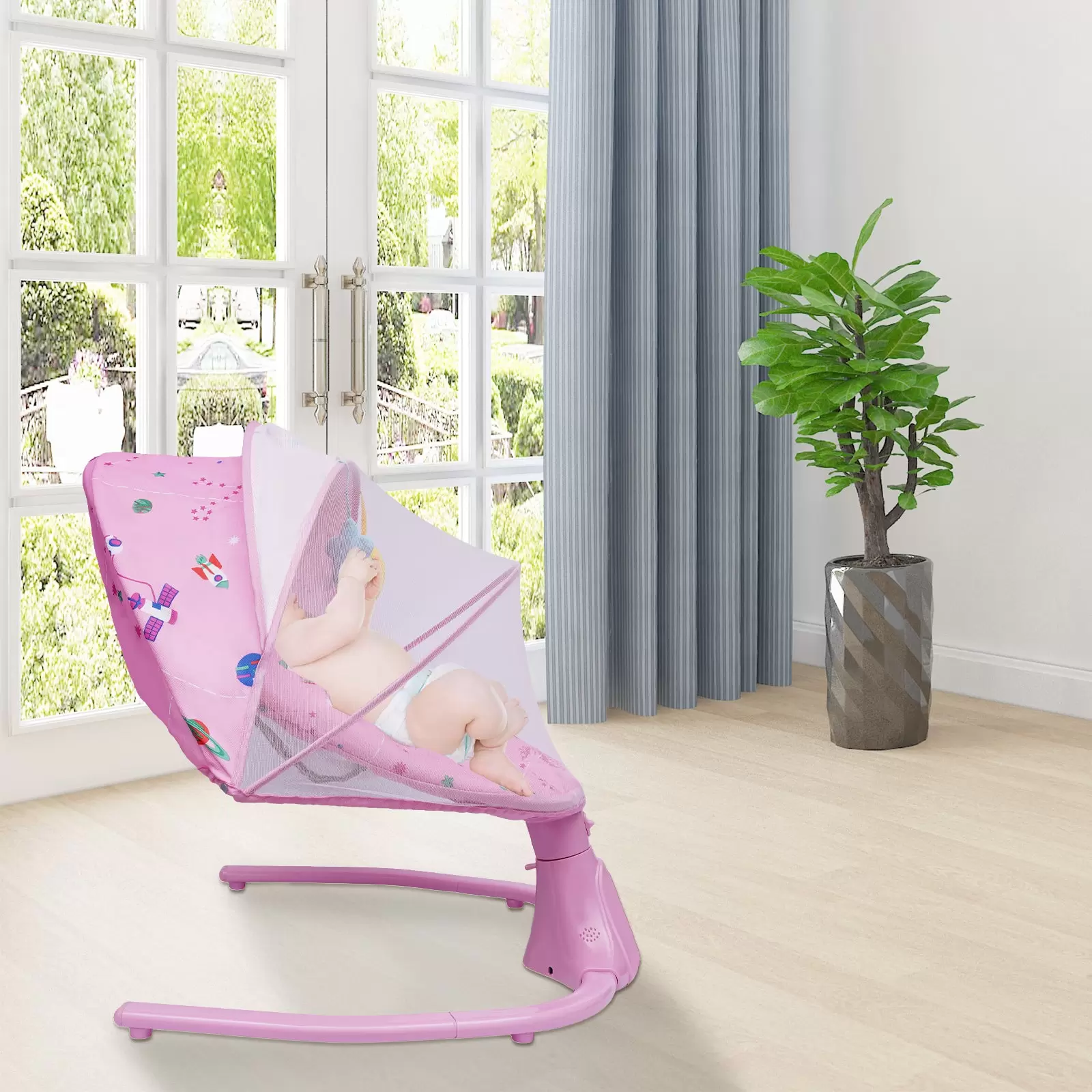 Baby Rocking Chair with Removable Net, Toy, Three-Point Safety Belt, Music, Bluetooth and USB, Electric Cradle Baby Rocking Chair with Removable Net, Toy, Three-Point Safety Belt, Music, Bluetooth and USB, Electric Cradle