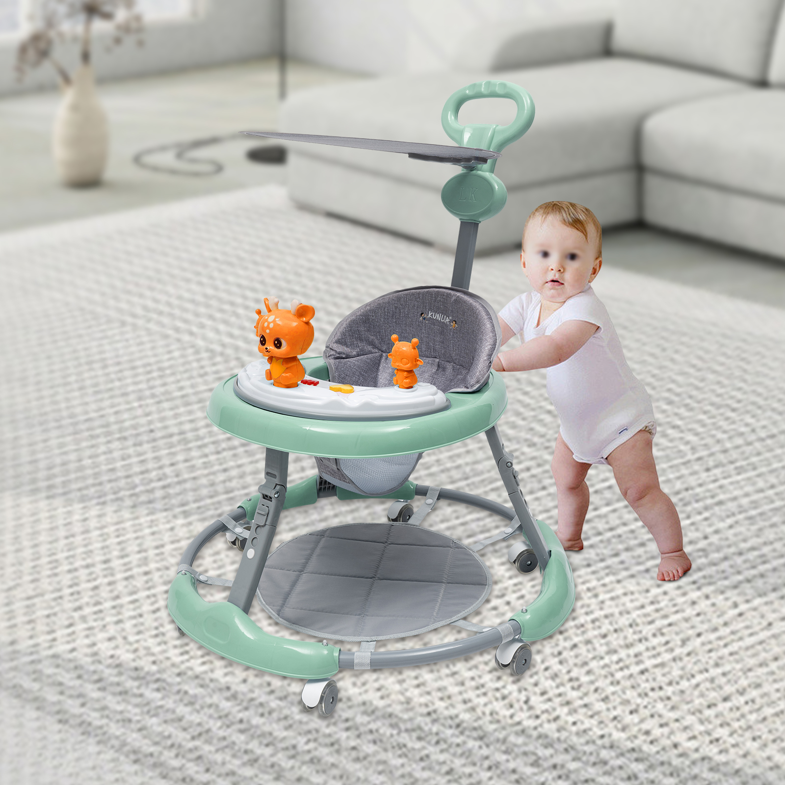 Baby Walker with Push Bar with Music Playing Station, Silent PVC Wheels, Non-Slip