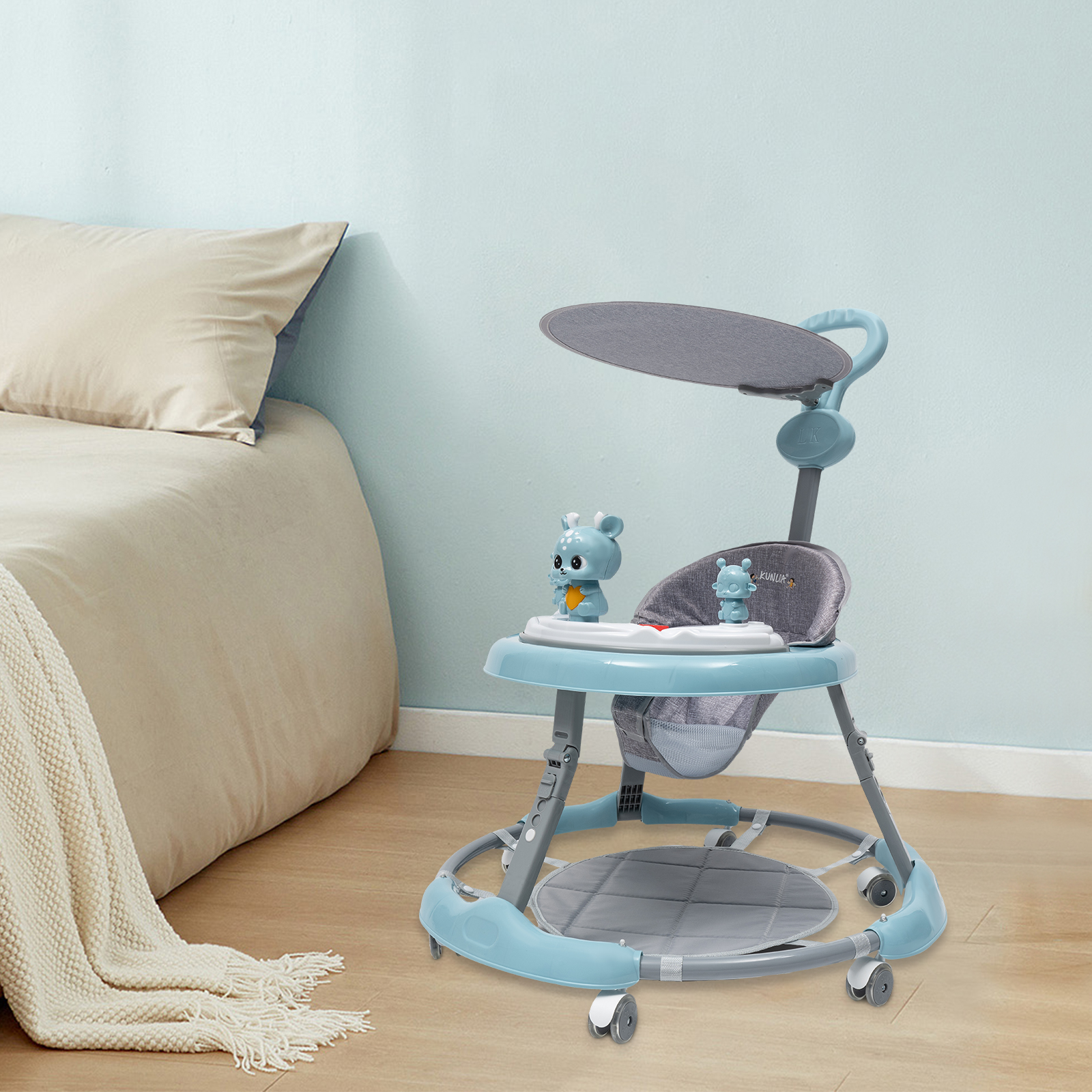 Baby Walker with Push Bar and Music Playing Station, PVC Silent Wheels, Anti-Slip Function (Blue)