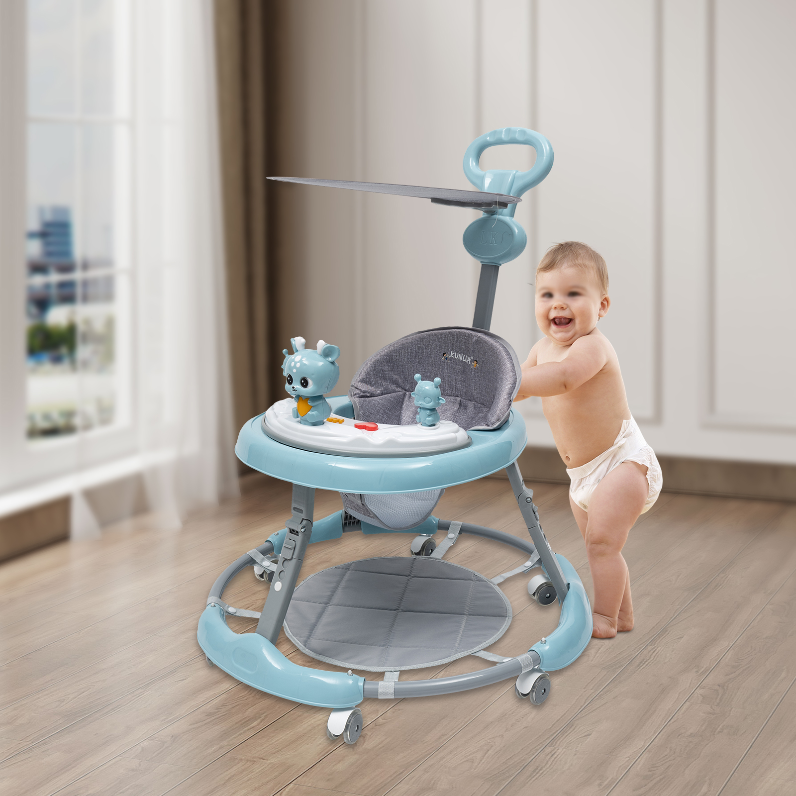Baby Walker with Push Bar and Music Playing Station, PVC Silent Wheels, Anti-Slip Function (Blue) Baby Walker with Push Bar and Music Playing Station, PVC Silent Wheels, Anti-Slip Function (Blue)