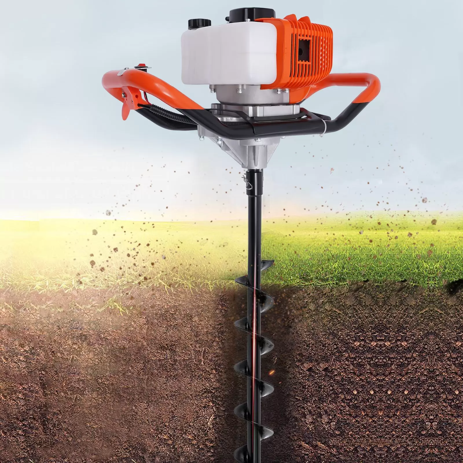 52cc Gasoline Earth Auger Gas Powered Post Hole Digger with 3 Fence Drill Bits with Extension Pole with Cord Starter and Straight-through Gearbox