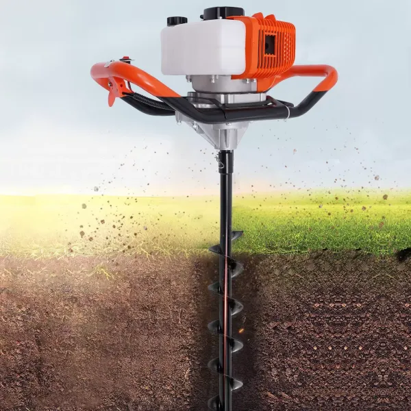 52cc Gasoline Earth Auger Gas Powered Post Hole Digger with 3 Fence Drill Bits with Extension Pole with Cord Starter and Straight-through Gearbox
