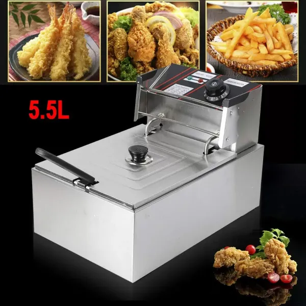 Electric Stainless Steel Fryer with Stainless Steel Lid 5.5 L  2500 W with Temperature Control Indicator Light Basket Lid Thick Tank for Buffalo Wings Chicken