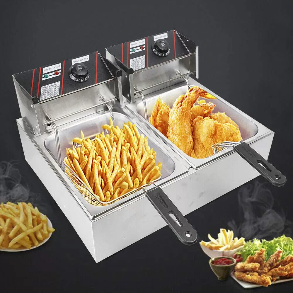 Stainless Steel Double Fryer 12L Cold Zones Double Electric Fryer Thermostat 60-200°C with Basket and Lid Stainless Steel Double Fryer 12L Cold Zones Double Electric Fryer Thermostat 60-200°C with Basket and Lid