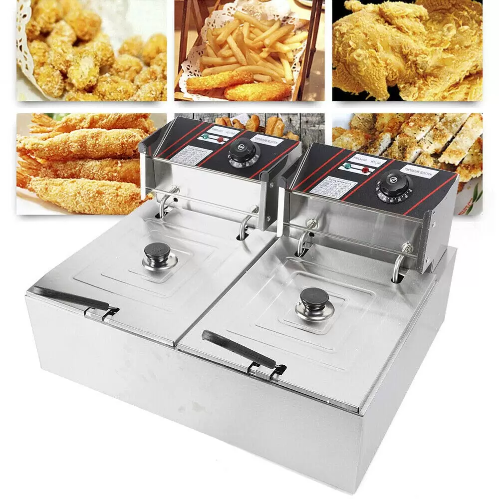 Stainless Steel Double Fryer 12L Cold Zones Double Electric Fryer Thermostat 60-200°C with Basket and Lid Stainless Steel Double Fryer 12L Cold Zones Double Electric Fryer Thermostat 60-200°C with Basket and Lid
