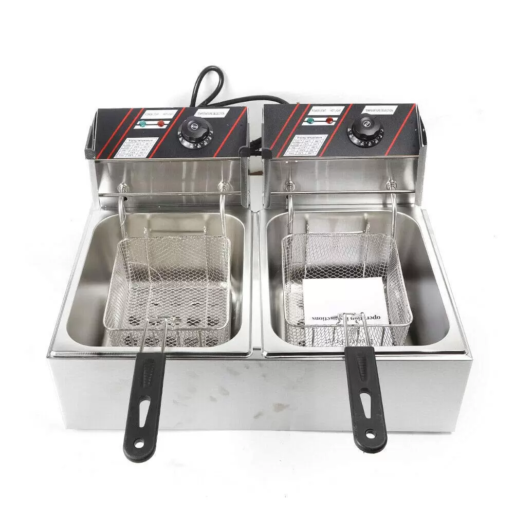 Stainless Steel Double Fryer 12L Cold Zones Double Electric Fryer Thermostat 60-200°C with Basket and Lid Stainless Steel Double Fryer 12L Cold Zones Double Electric Fryer Thermostat 60-200°C with Basket and Lid