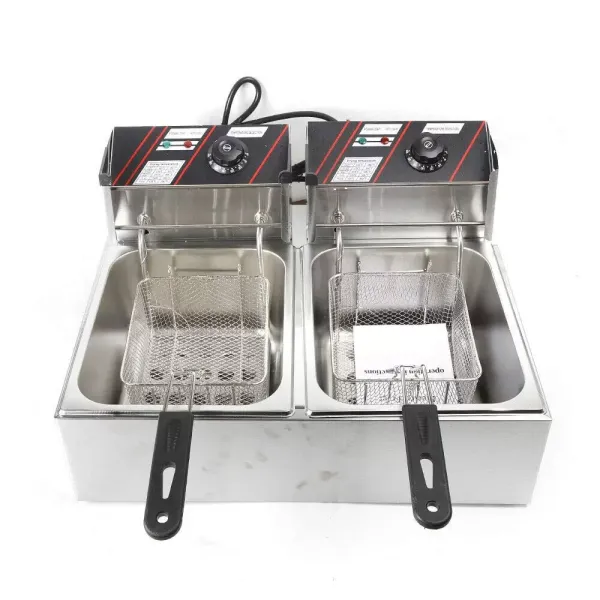 Stainless Steel Double Fryer 12L Cold Zones Double Electric Fryer Thermostat 60-200°C with Basket and Lid