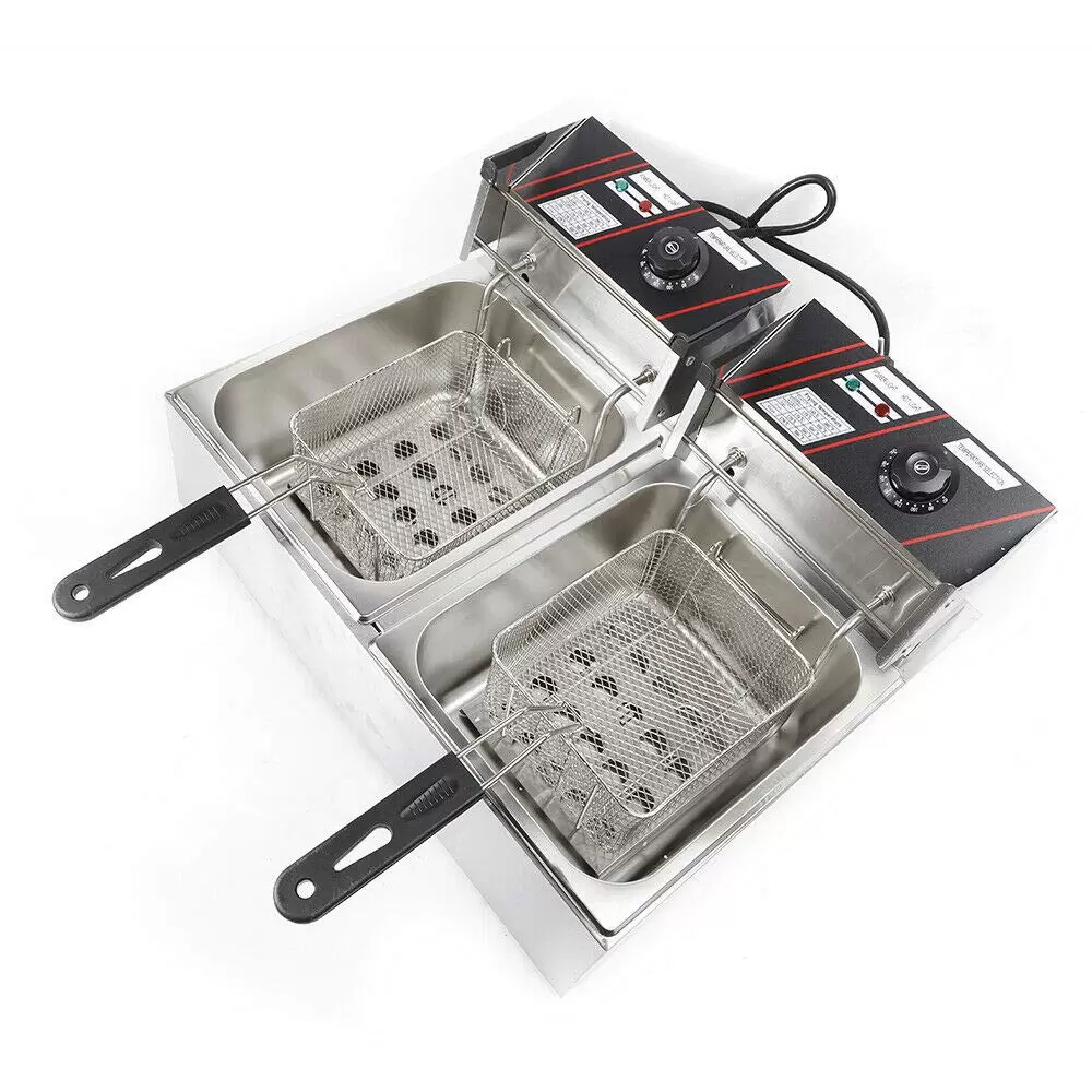 Stainless Steel Double Fryer 12L Cold Zones Double Electric Fryer Thermostat 60-200°C with Basket and Lid Stainless Steel Double Fryer 12L Cold Zones Double Electric Fryer Thermostat 60-200°C with Basket and Lid