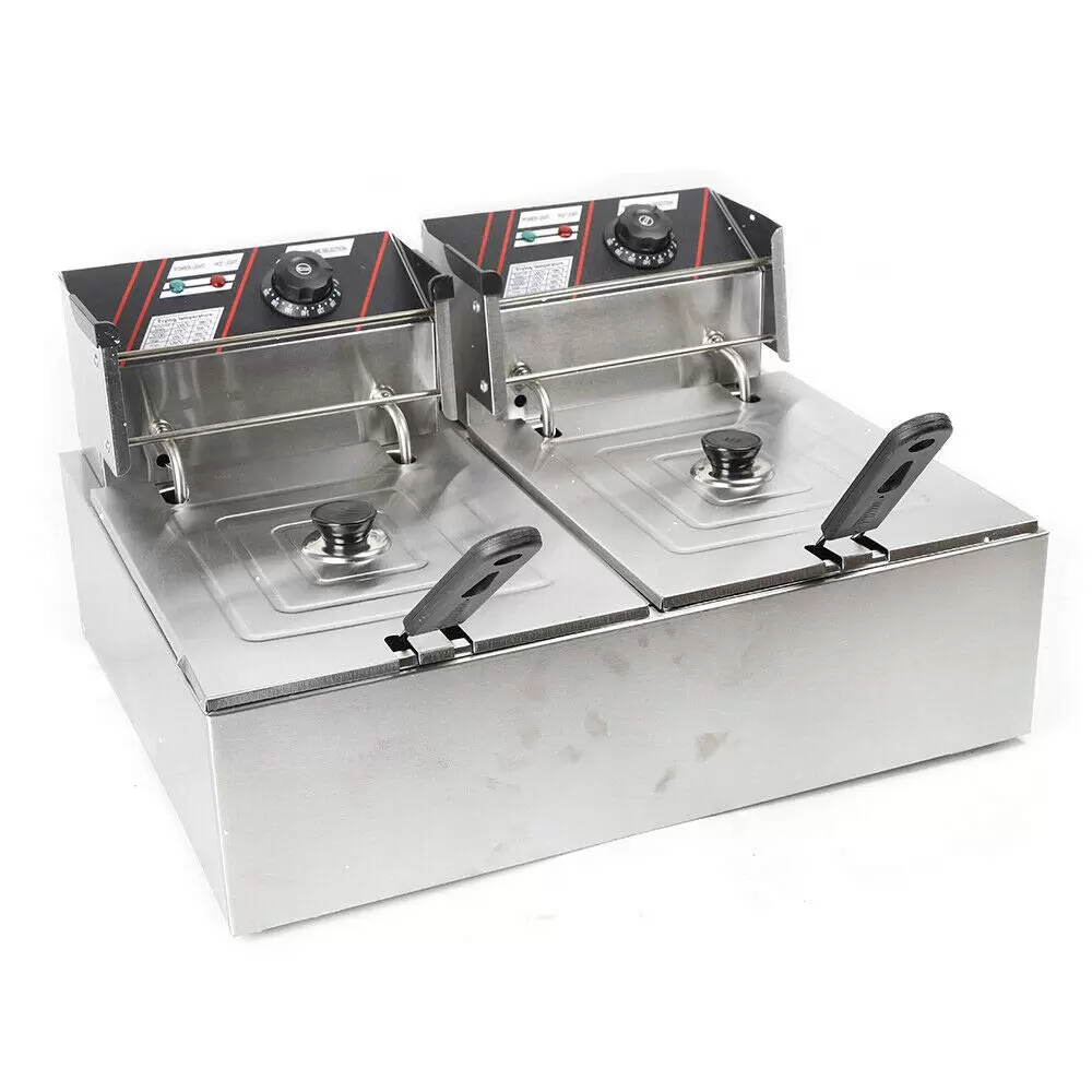 Stainless Steel Double Fryer 12L Cold Zones Double Electric Fryer Thermostat 60-200°C with Basket and Lid