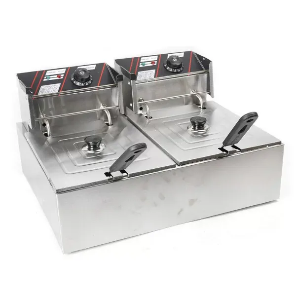 Stainless Steel Double Fryer 12L Cold Zones Double Electric Fryer Thermostat 60-200°C with Basket and Lid