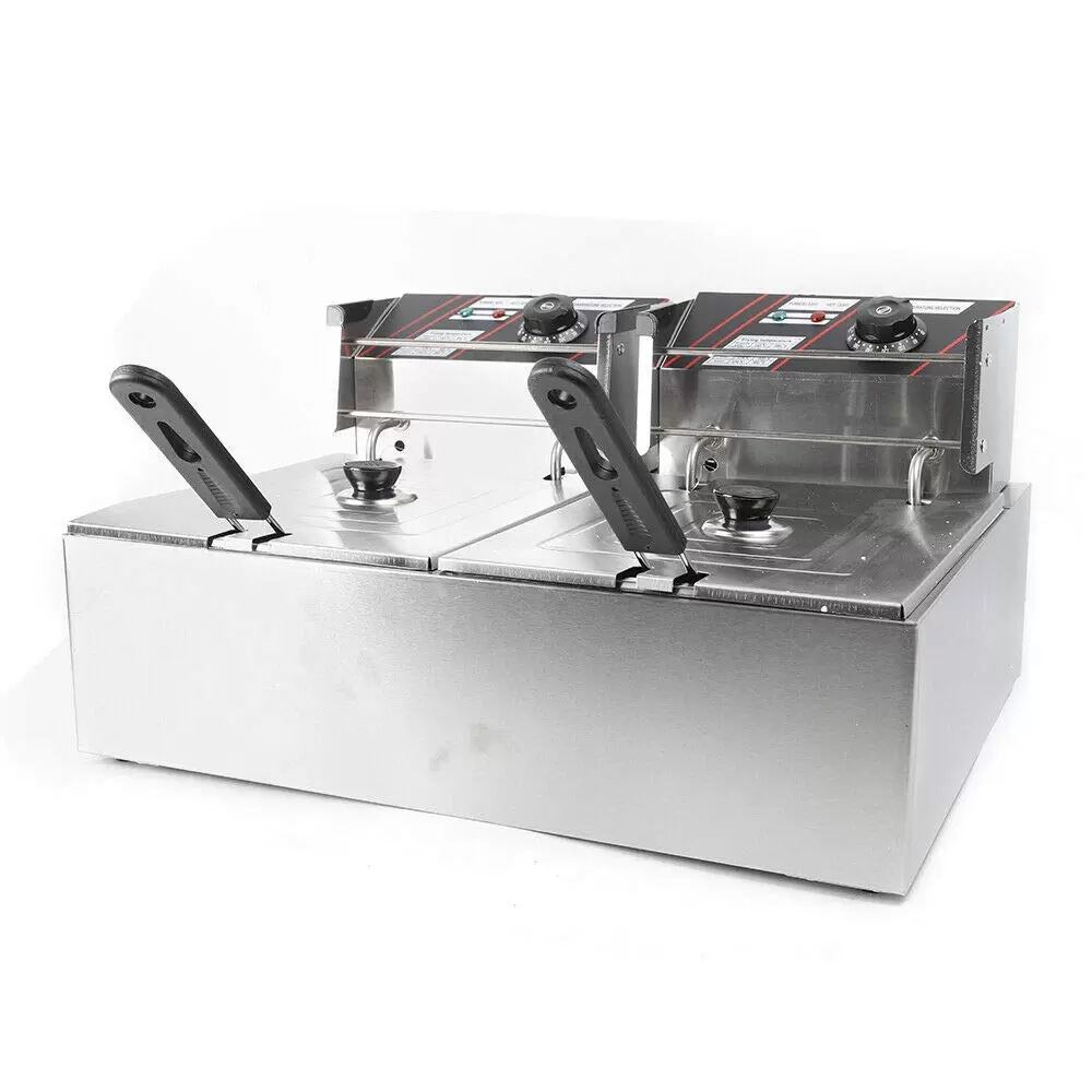 Stainless Steel Double Fryer 12L Cold Zones Double Electric Fryer Thermostat 60-200°C with Basket and Lid Stainless Steel Double Fryer 12L Cold Zones Double Electric Fryer Thermostat 60-200°C with Basket and Lid